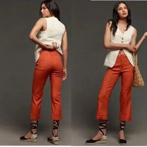 Anthropologie Maeve Linen 70s Slim Crop Pants SIZE 26 orange